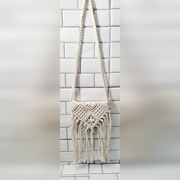 Handbags - Ladies Small Off White Crochet Cotton Macrame Crossbody Purse Flap Zip Closure B